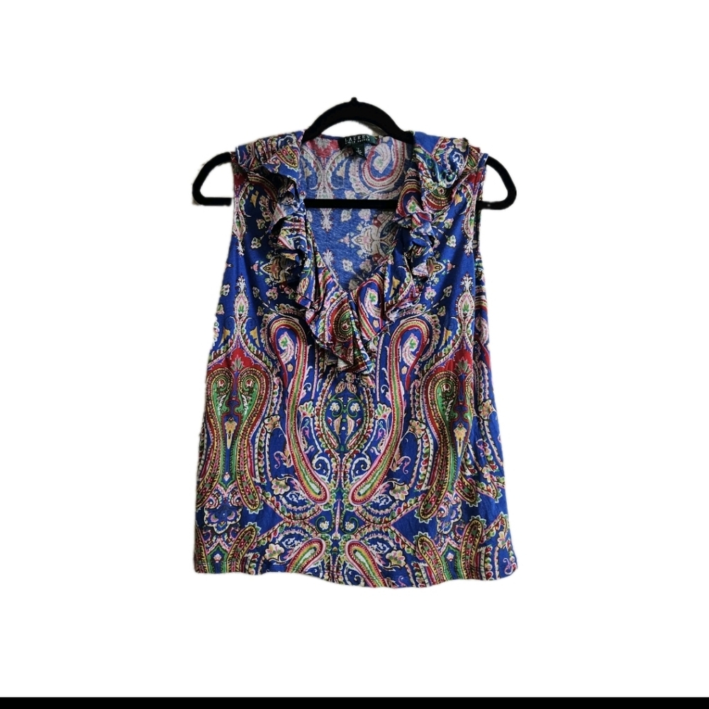 Ralph Lauren Ruffle Blouse Top, Colourful Paisley Print, Stretch, Size 1X